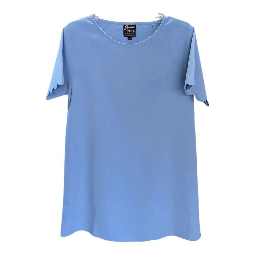Anna Lane Womens Minimalist Dress Sz M Short Scalloped Sleeve Blue